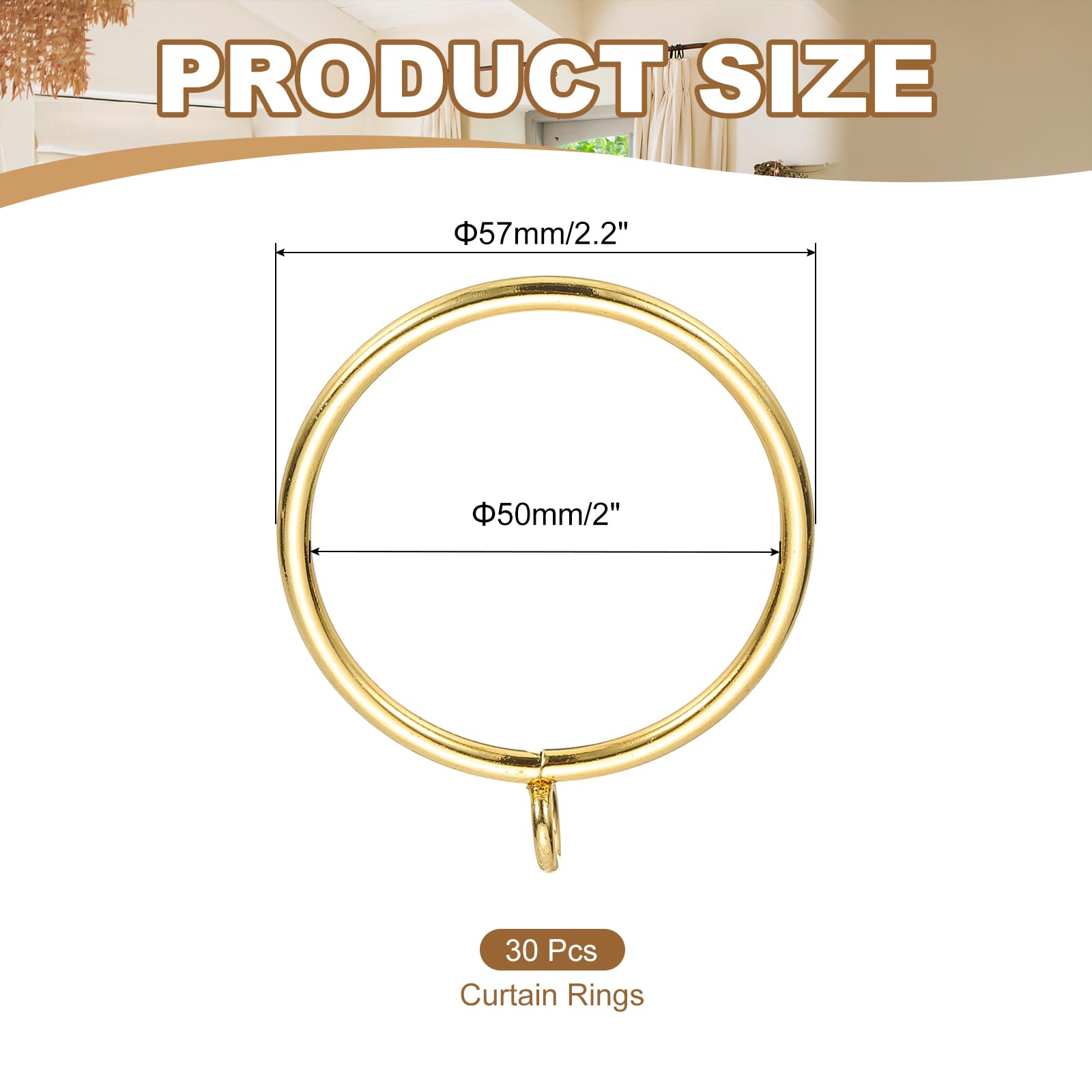 PATIKIL 2 Inch Inner Dia Curtain Rod Rings with Eyelets, 30 Pcs Metal Drapery Ring for Curtain Rods Hoop Pins Gold Tone - Image 2
