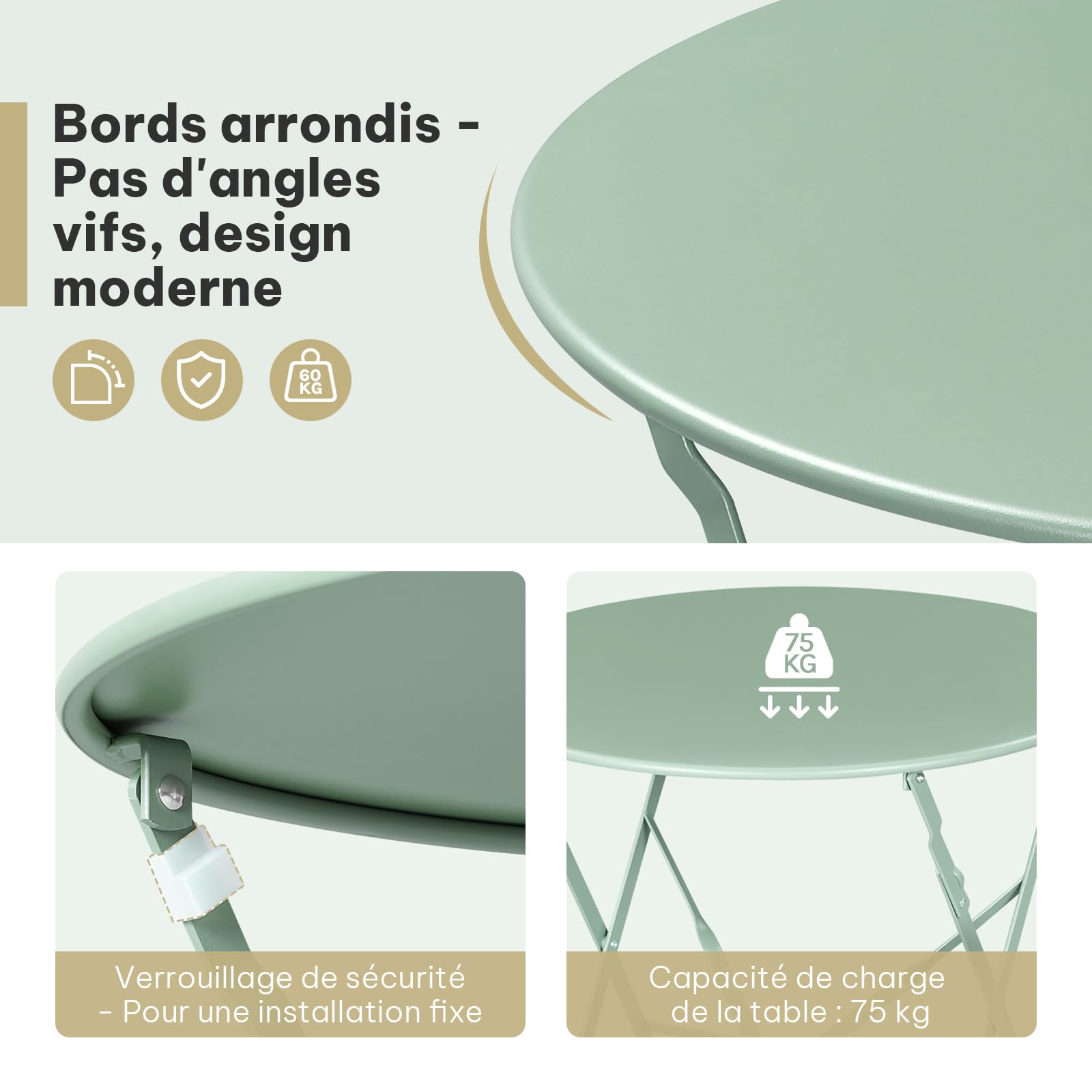 Table Ronde Pliante avec 2 Chaises Pliantes en Métal Vert eSituro Mobilier de Jardin