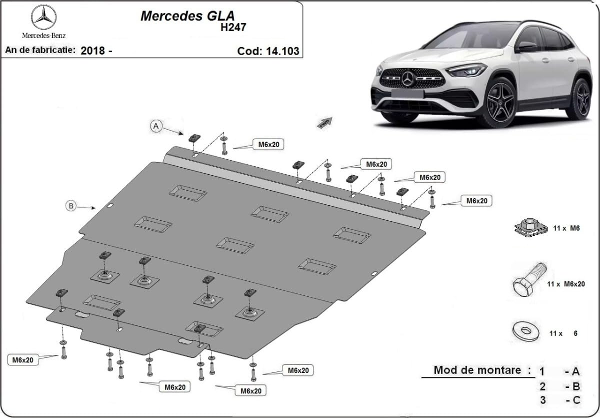 Protezione motore in metallo compatibile con Mercedes GLA H247.