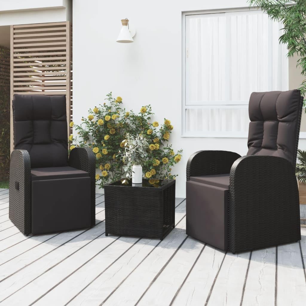 Juego de 3 sillas de jardín de ratán sintético y acero, color negro, con cojín acolchado grueso y mesa de cristal templado, máx. 110 kg por asiento