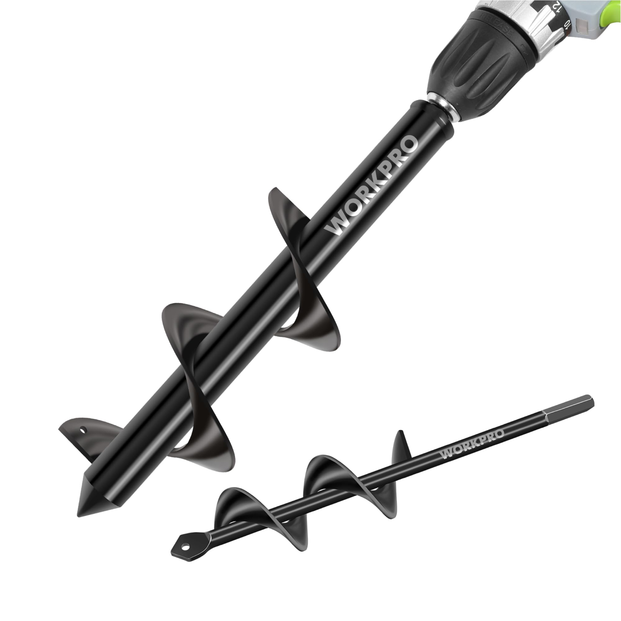 WORKPRO Auger Drill Bit Set with Hex Drive 2-Piece, Garden Post Hole Digger for Planting Bulbs Seedlings, 4x22 cm, 8 x 30 cm
