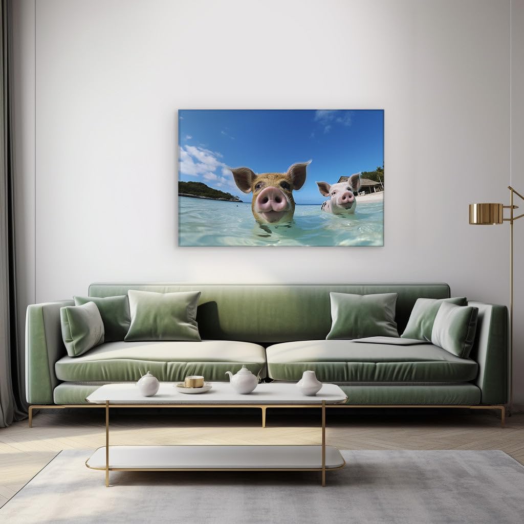 Canvas for Living room. Swimming Snouts: Pigs Take to the Sea in Idyllic Coastal Escape, 27 x 18 inch Canvas Wall Art - Modern Home Decor