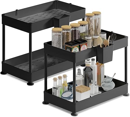 Organizadores y almacenamiento para debajo del fregadero, organizador de gabinete de baño, estante de fregadero con ganchos utilitarios y