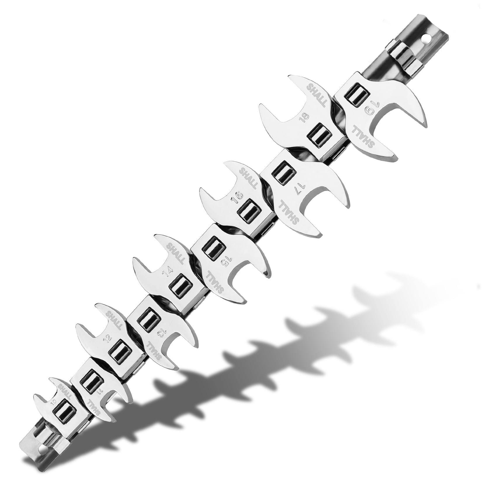 Shall Juego de 10 llaves de pata de gallo métricas de 3/8", juego de llaves de pata de gallo de extremo abierto, medidas métricas de 10 a 19 mm, con organizador con clip