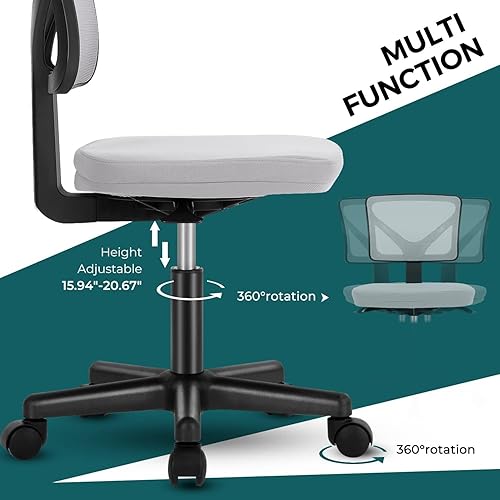Miniatura 8 de DUMOS Sillas de oficina pequeñas con ruedas, ergonómicas ajustables para escritorio en casa, silla giratoria con ruedas, sin brazos, cómoda malla
