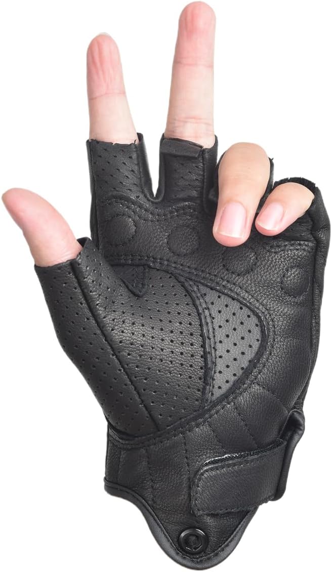 Fingerless Leather Gloves for Men Black Breathable Leather Riding Perforated Motorcycle Gloves Summer Driving Cycling Half Finger - Image 2
