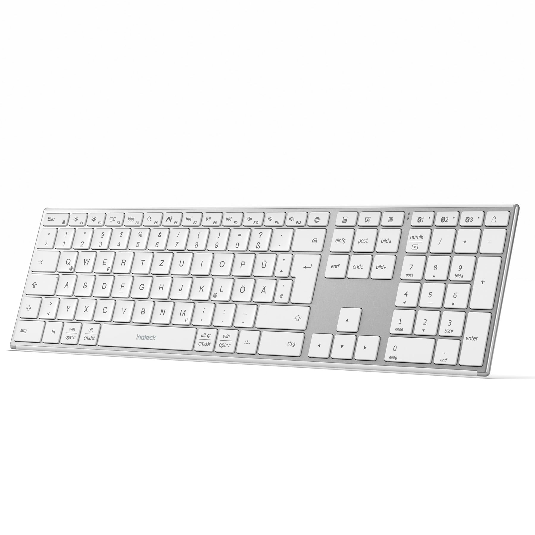 Inateck Kabellose Tastatur,KI-Funktion Bluetooth Tastatur mit 3 Bluetooth Kanälen,Deutsches QWERTZ Layout,Leise Tasten, Kompatibel mit iPadOS Android, Windows,KB06007