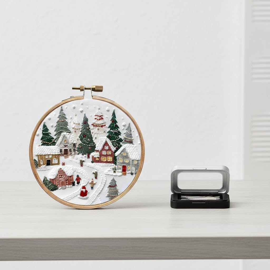 Set de Bordado Navideño con Bastidor de 20 Cm y Organizador de Alfileres para Costura con Tapa Transparente Adecuado para Principiantes Adultos y