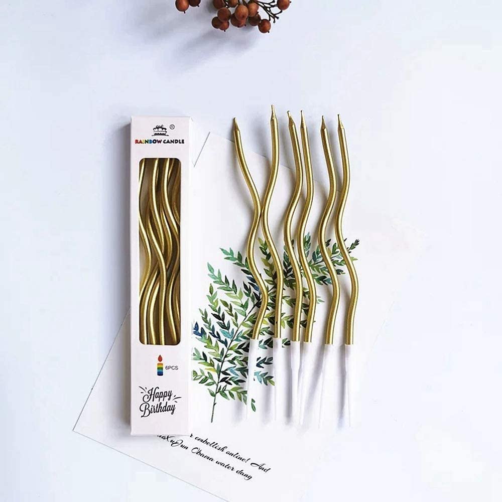 6pc Twisty Birthday Candles Set Metallic Curly Coil Candles with Holders Long Thin Wedding unscented Birthday Kids,Party Supplies,Cake Decoration (Golden)