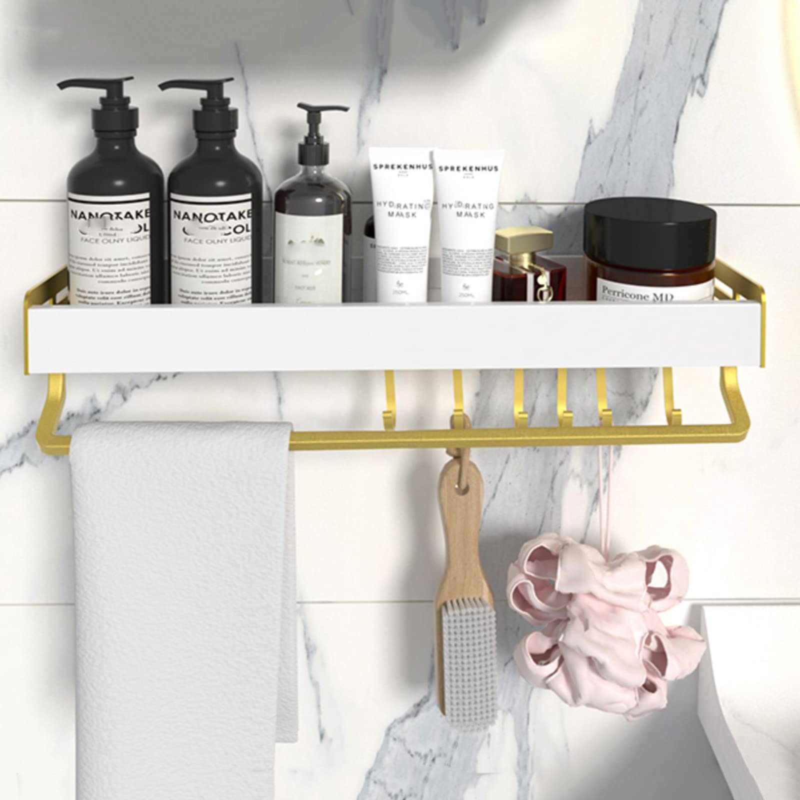 Estante de ducha adhesivo de aluminio blanco con ganchos de 30 cm para cocina, inodoro, ahorro de espacio, solución de almacenamiento