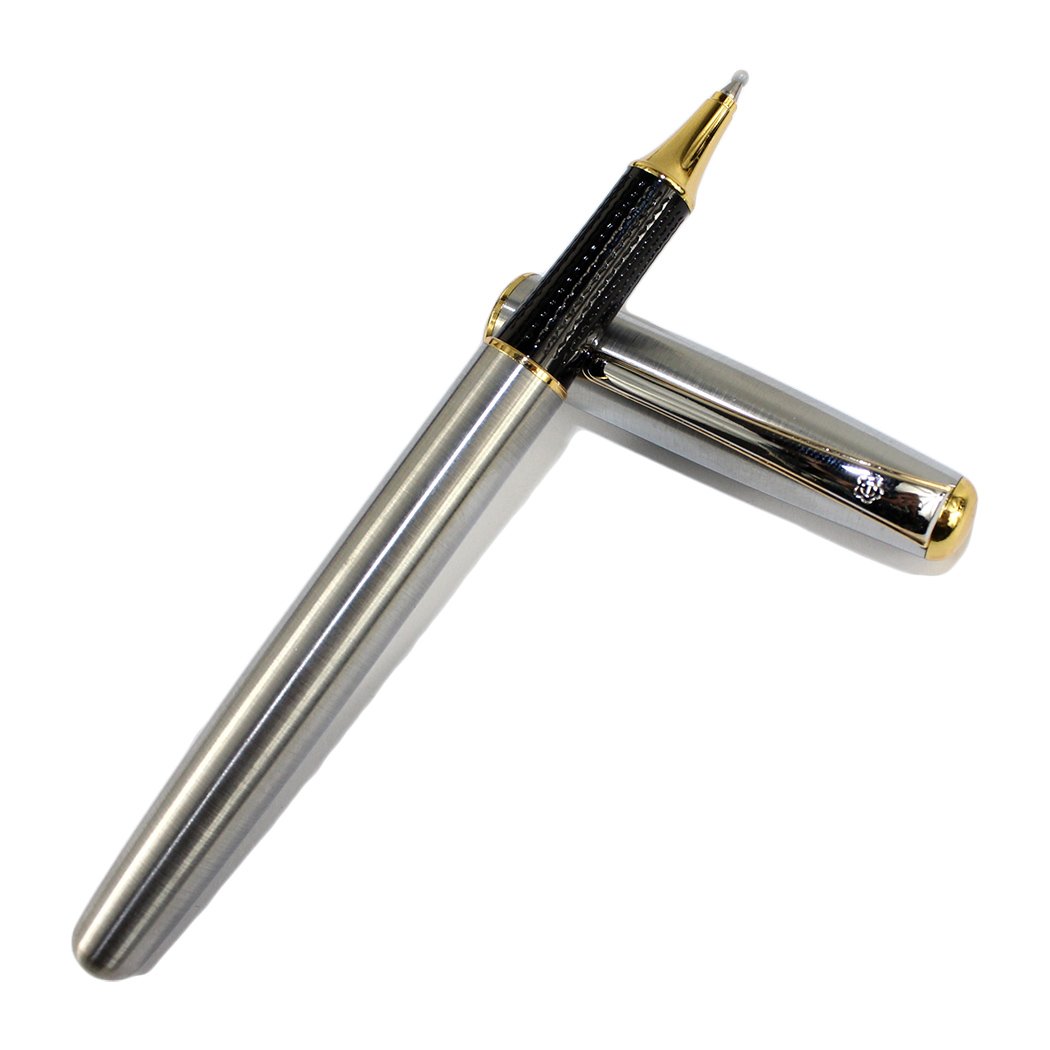 Penna Roller Dinora In Acciaio Inox - Punta Media, Inchiostro Blu - Elegante Scatola Regalo In Pelle Oro - 6