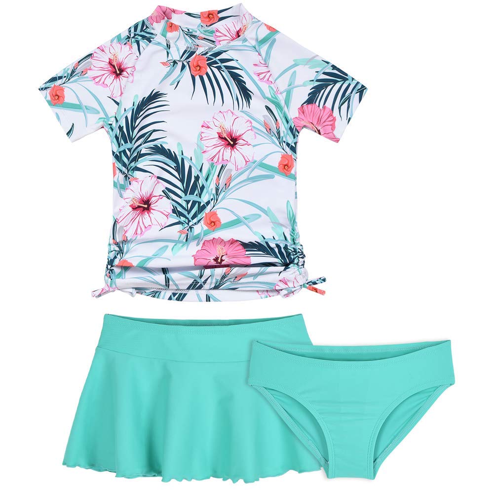 Cadocado Girls Chic 3 Pieces Rash Guard Swimwear UPF 50+ Floral Short Sleeve Swim Set