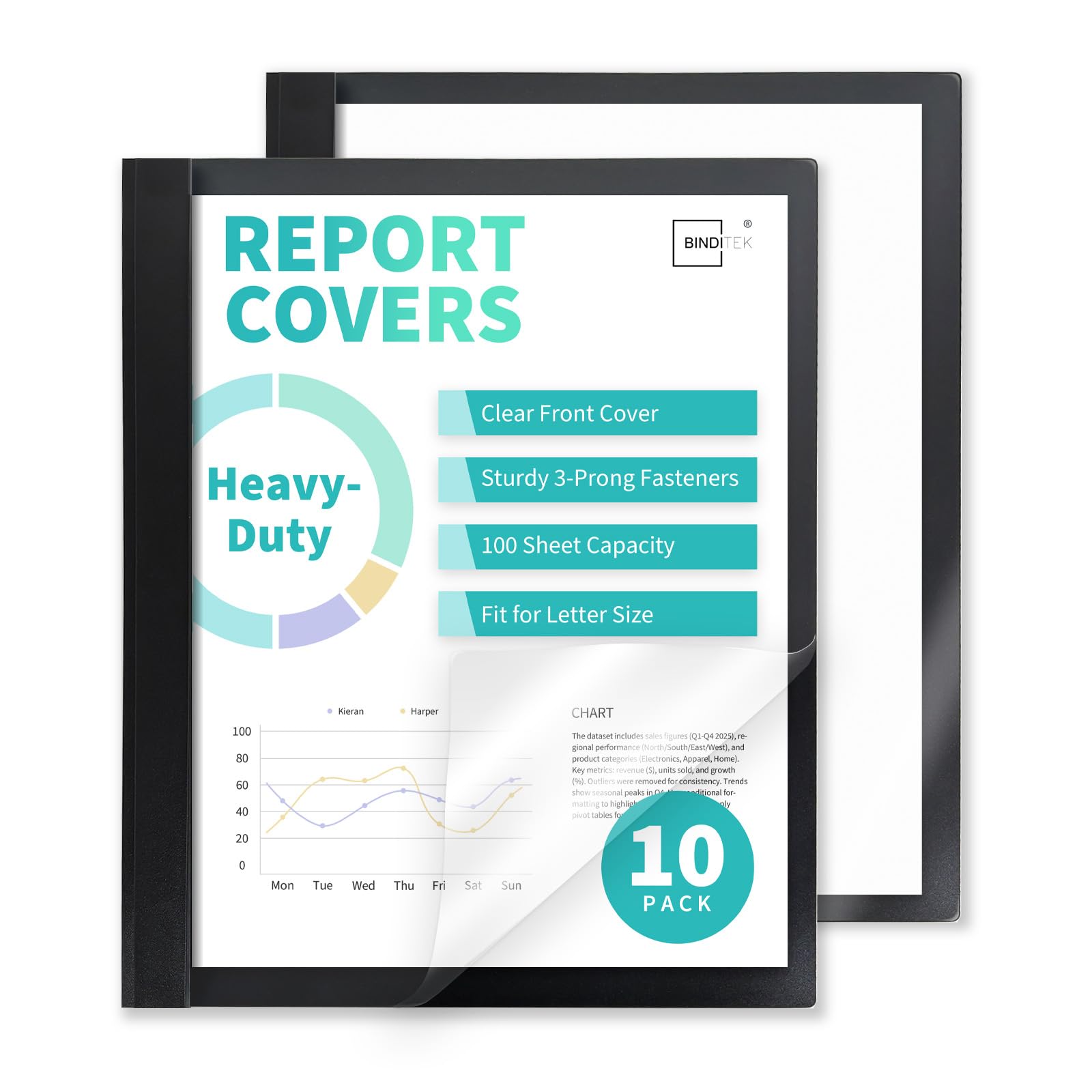 Heavy-Duty Report Covers with 3 Prongs, 100-Sheet Capacity, Black, 10Pack