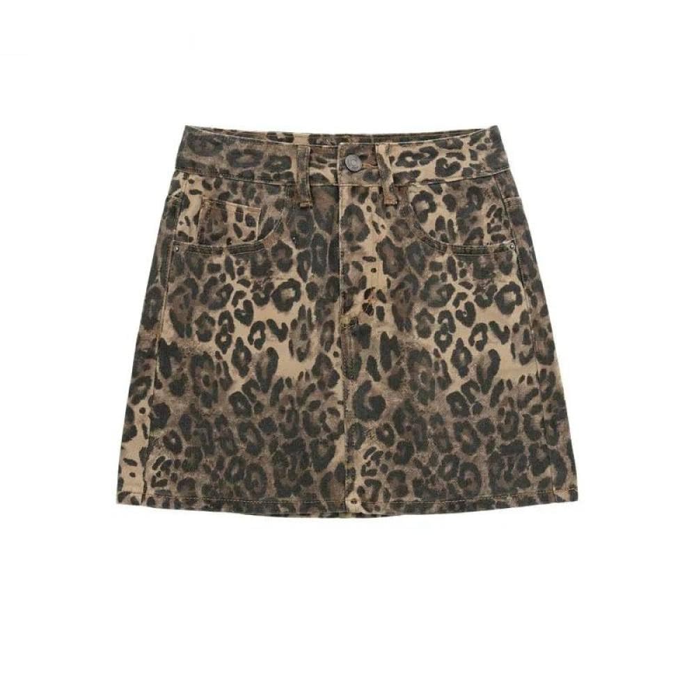 SWEPER Falda Corta De Mujer - Minifaldas con Estampado De Leopardo para Mujer, Falda Vaquera con Cremallera, Parte Inferior Sexy, Vintage, para Todas Las Estaciones, Elegante, Básica
