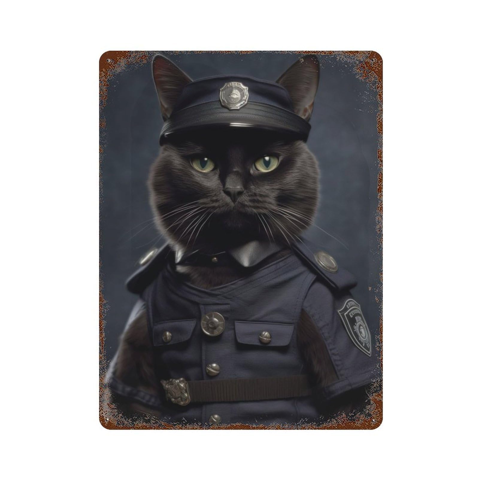 Decorative Tin Sign Cat Police Uniform 15.7"x11.8", Novelty Wall Decor for Shed, Workshop And Garage Wall Decor
