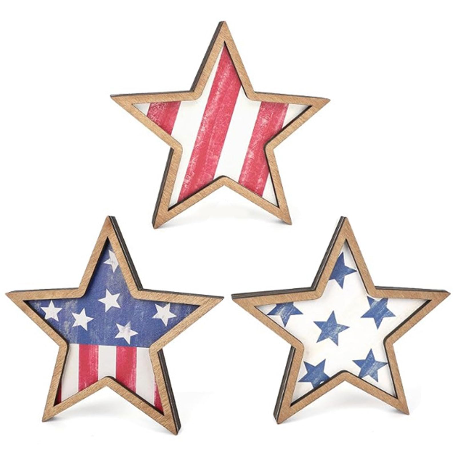 Xjdzineq Of 3 Wooden Festive Star Decorations with Tiered Design Perfect for July 4th Party Home and Table Centerpiece Layered Star Decor