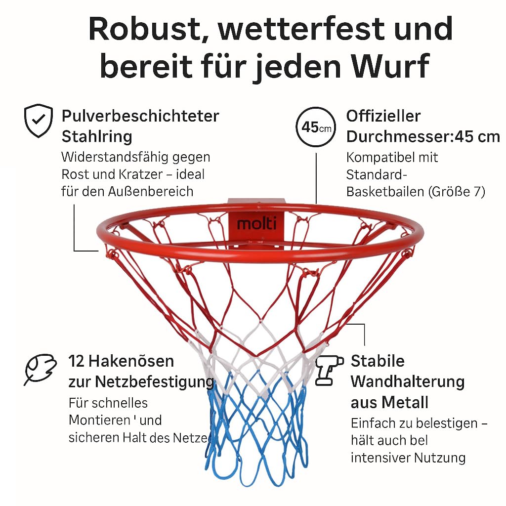 molti Canasta de baloncesto de 45 cm de diámetro, 37 cm de diámetro, anillo de baloncesto con red y tornillos de fijación para exteriores + 4 tornillos de fijación