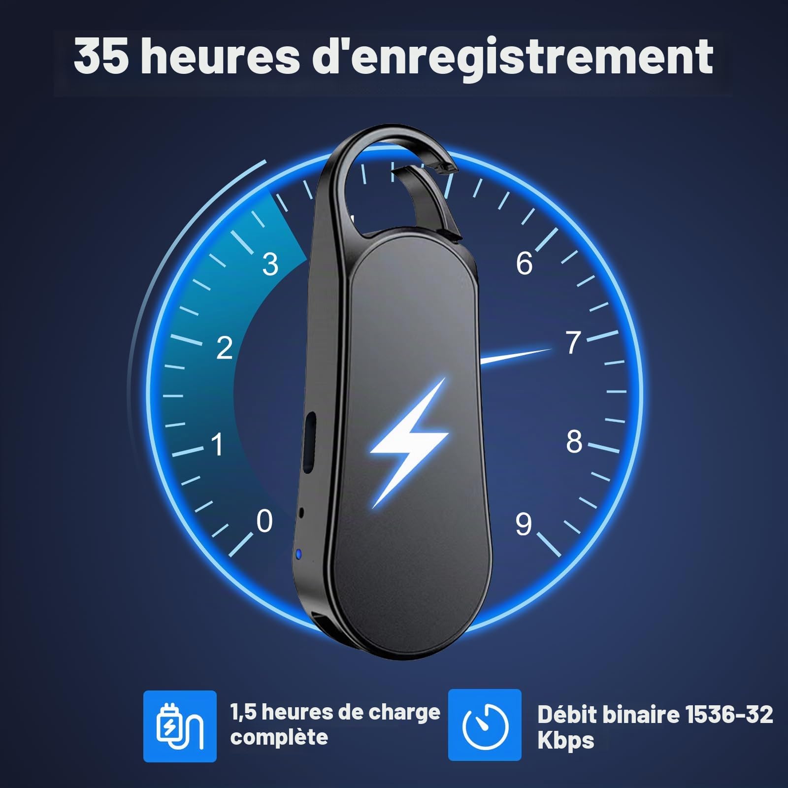 64Go Ponovo Enregistreur Vocal Design Porte-Clés avec Boîtier Métallique, Fonctionnement à Une Touche, Audio Hi‑FI 1536 kbps et Activation Vocale – Idéal pour Les Interviews et Réunions