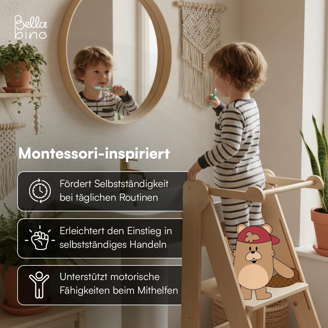 Bellabino Tay Lernturm ab 1 Jahr – Learning Tower 2-Fach höhenverstellbar & klappbar – Lernstuhl in Natur für Kinder – Montessori Stehturm aus Birkenholz – sicherer Tritthocker mit Kippschutz