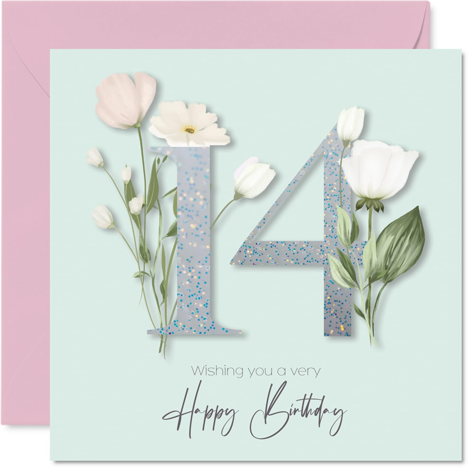 14th Birthday Cards for Girls - Fancy Floral Flowers - Happy Birthday Card for 14 Year Old Girl Great Niece Daughter Goddaughter Granddaughter, 145mm Bday Greeting Cards