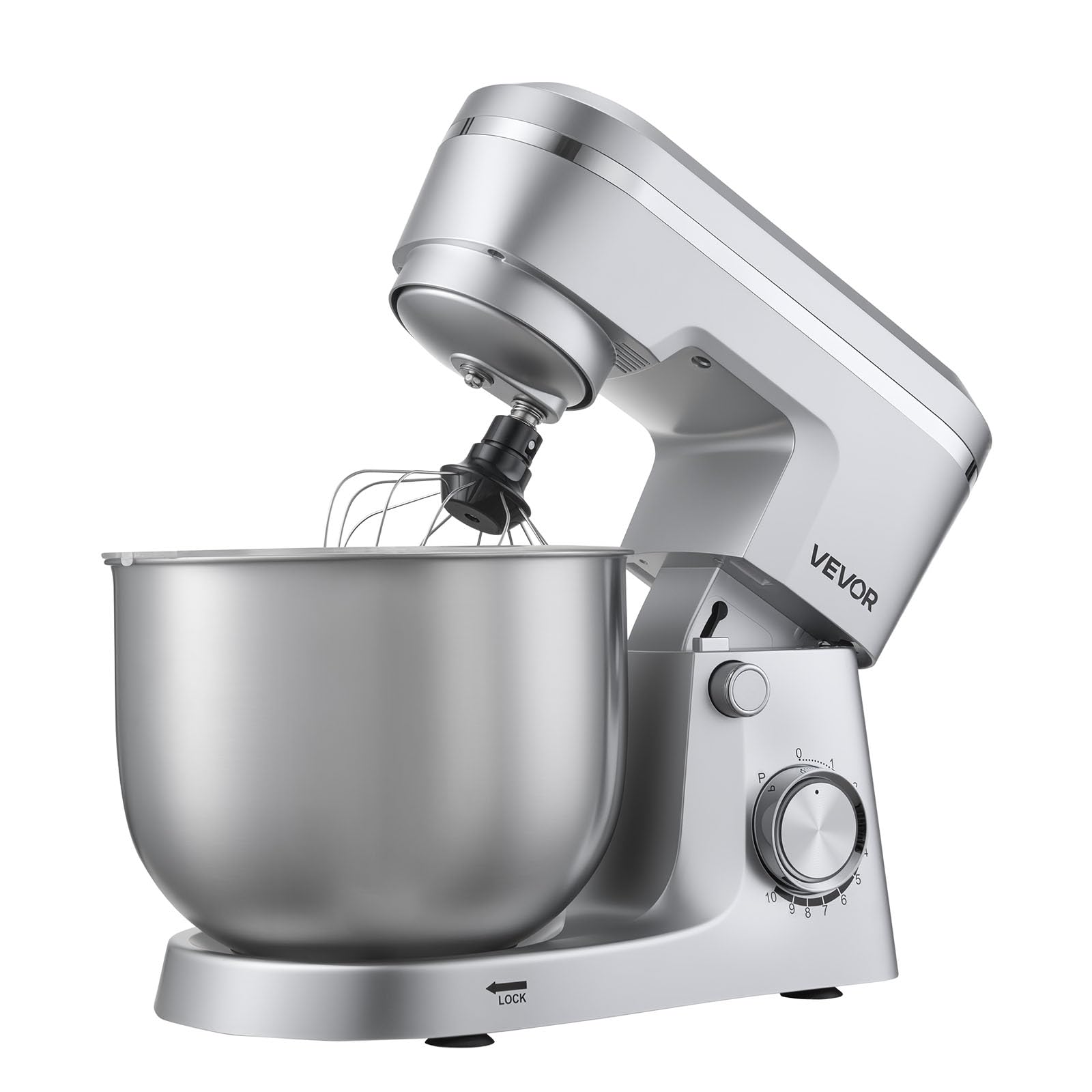 VEVOR Robot Pâtissier 5,7 L, Batteur sur Socle 1500 W, Mixeur à Pâte 10 Vitesses, Tête Inclinable, Bol en Inox, avec Crochet Pétrisseur, Fouet et Batteur, pour Mélange, Fouettage et Pétrissage