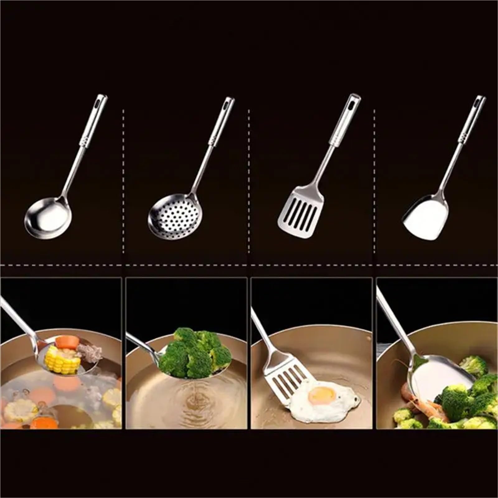 4 Stück Edelstahl-Wok-Spatel mit langem Griff Für Die Küche | Küchenhelfer, Kochutensilien-Set, Reislöffel, Schöpfkelle, Kochutensilien