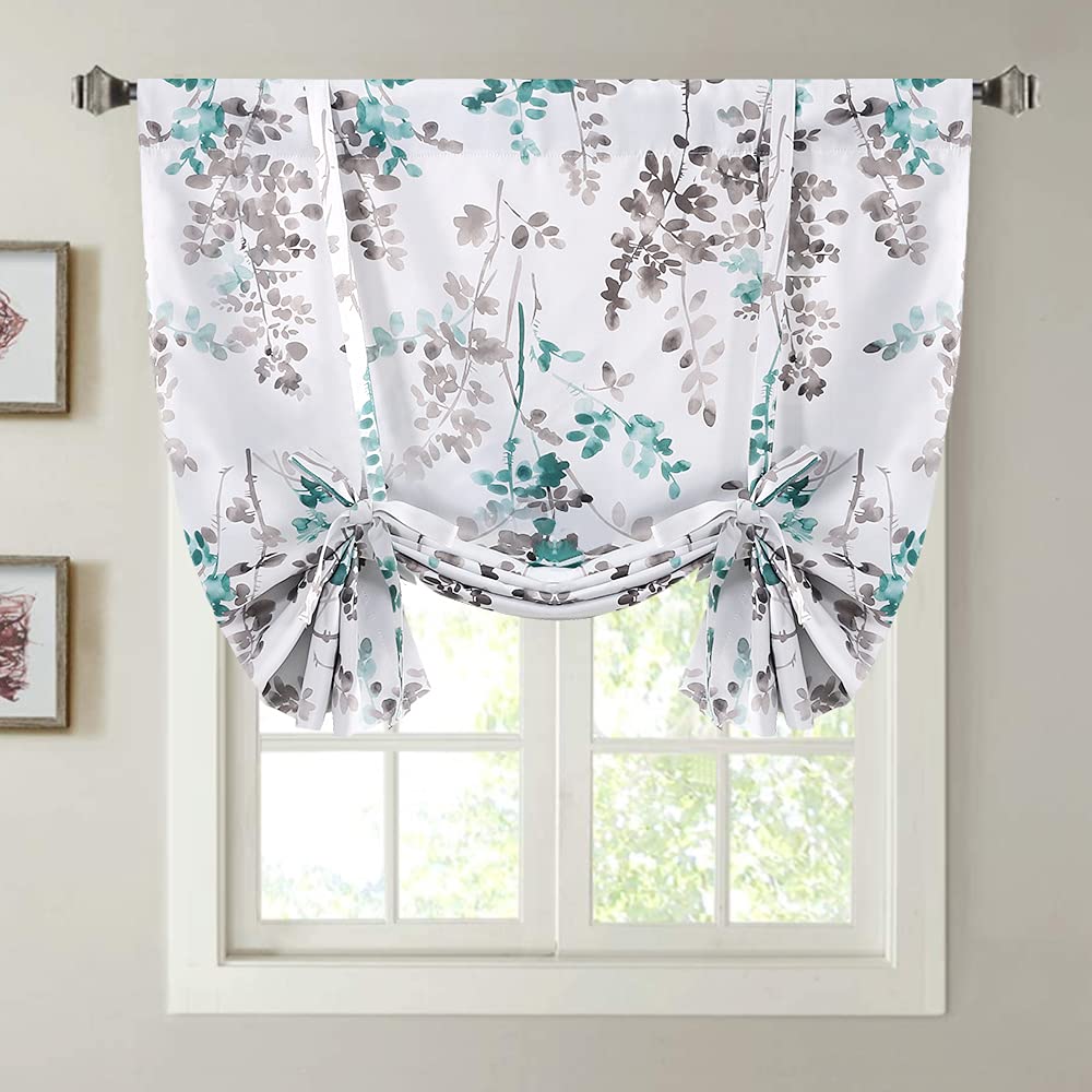 Blackout Tie Up Curtain - Thermal Insulated Balloon Curtain for Small Window Adjustable Kitchen Tie Up Curtain (Floral Pattern in Grey and Turquoise, Rod Pocket Panel, 42 inches W x 45 inches L)