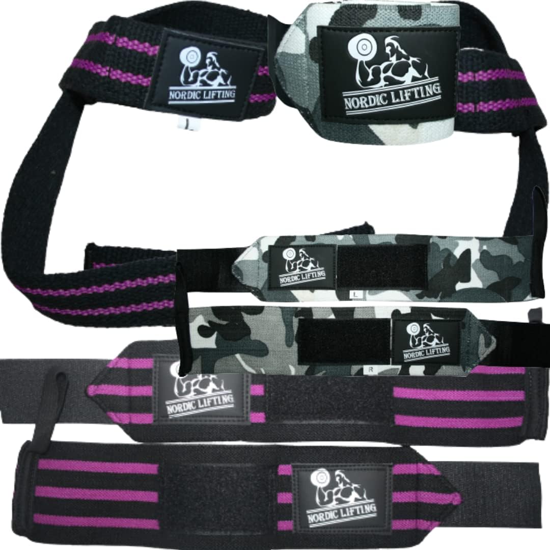 Wrist Wraps & Lifting Straps Bundle - Purple Bundle with Wrist Wraps 1p - Camo Grey