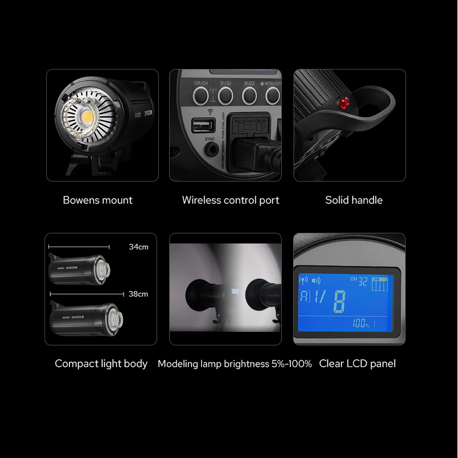 SK400II-V SK400II V 400Ws 5700±200K luz estroboscópica, sistema inalámbrico X de 2.4G integrado, panel LCD transparente, con lámpara de modelado LED para estudio fotográfico Bowens Mount, 5