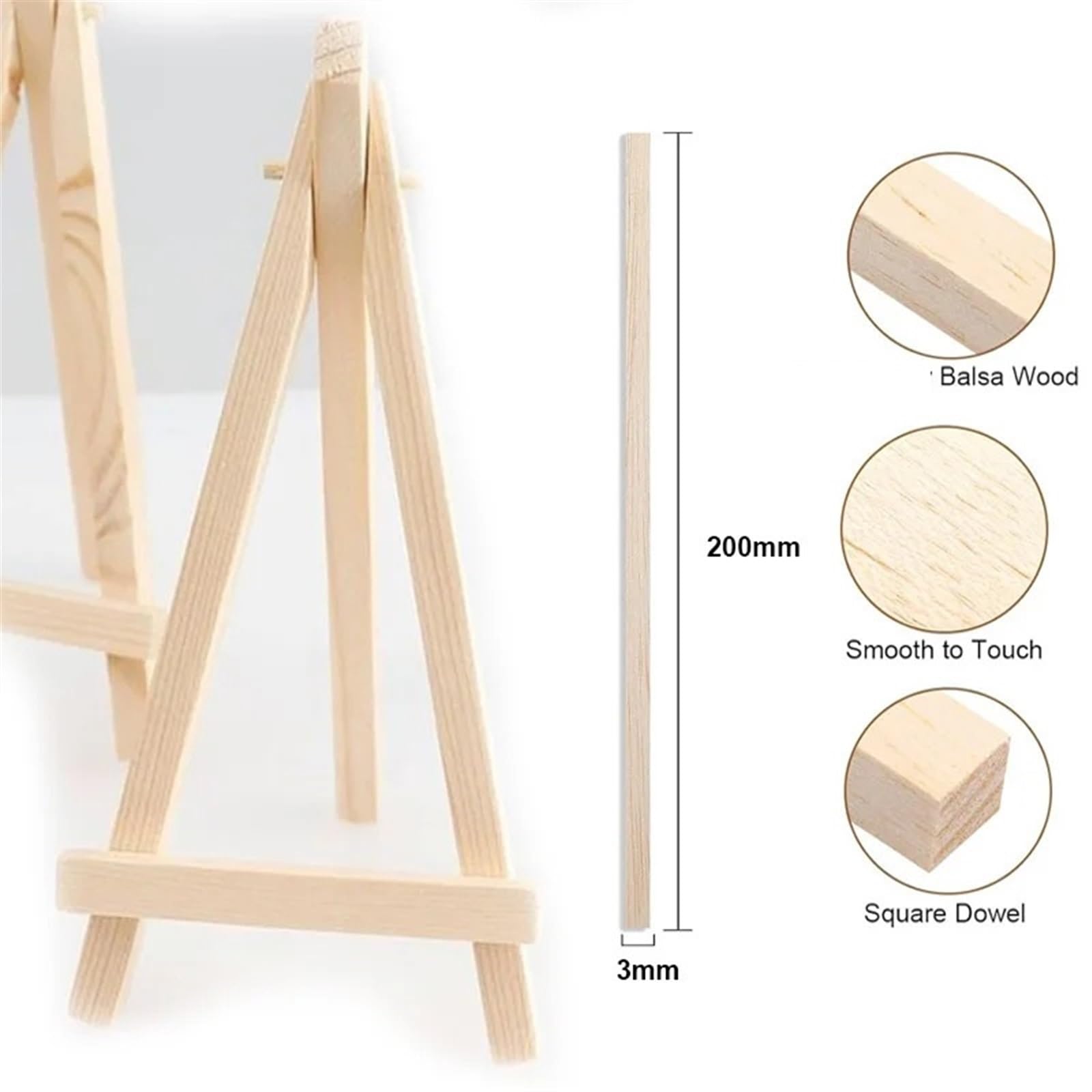 Baton Bois Loisir Creatif 20 à 50 pièces 2/3/5 mm bâton de balsa bois artisanat carré gourdin modèle construction sculpture bricolage fabrication accessoires(2x5x200mm 50pcs)