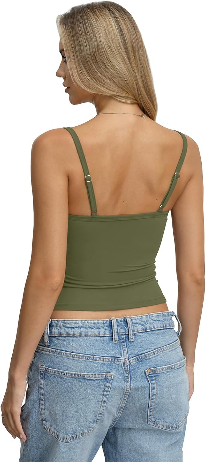 Womens Built in Shelf Bra Padded Tank Tops Spaghetti Strap Square Neck Crop Tops Tight Camisole Shirts - Image 2