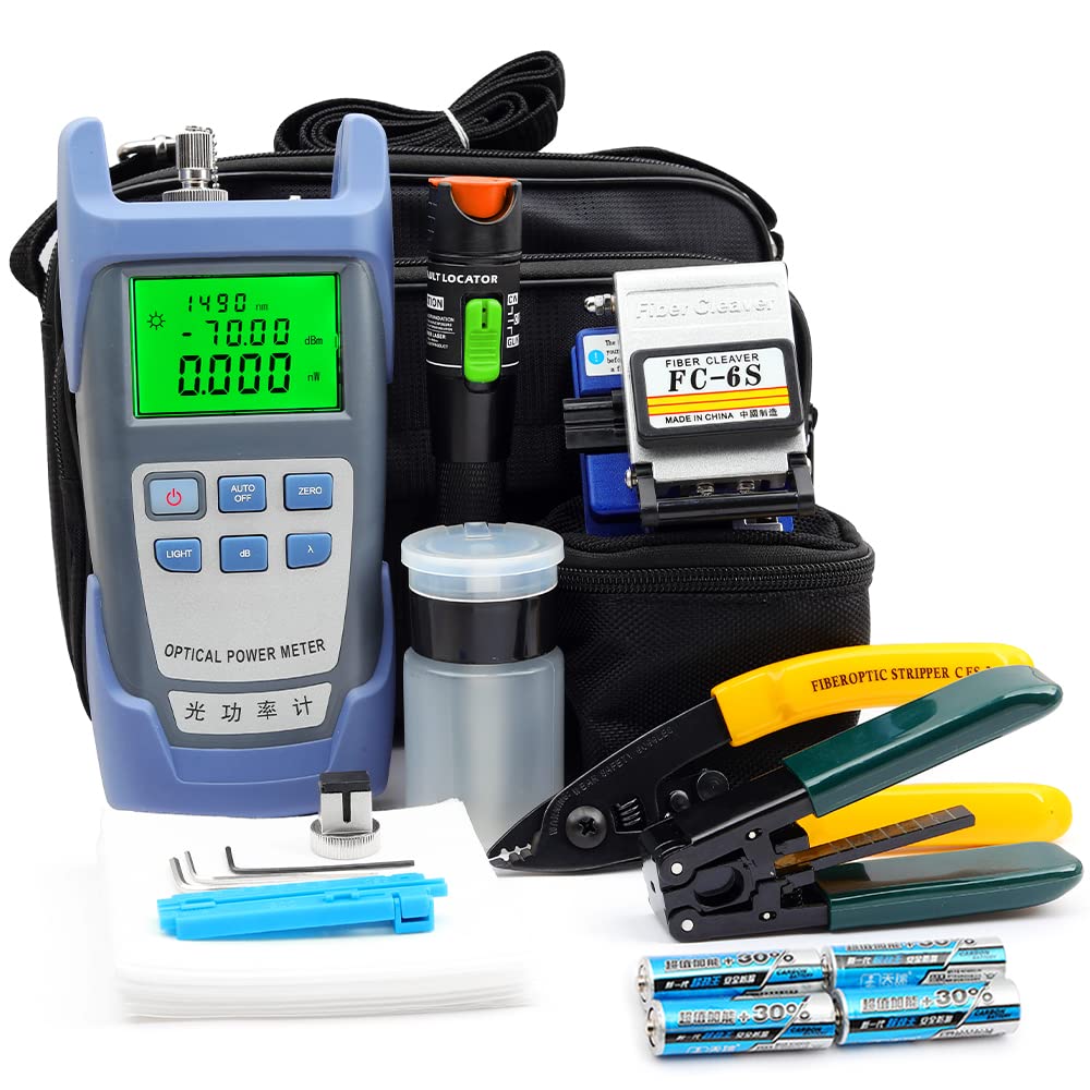FTTH Fiber Optic Cold Connection Assembly Termination Tools Kit Bag with Cable Tester Stripper Tool Visual Fault Locator FC-6S Fiber Cleaver SC FC Connector Optical Power Meter FinderDust Free Paper