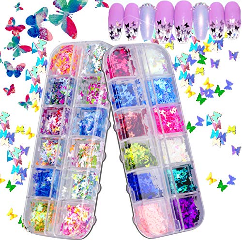 Kyerivs 3D Butterfly Nail Art Glitter Sequins Cosmetic Glitters, 24 Color. Holographic Bling Nail Art Flakes for Resin, Makeup, Nail Decoration Accessories Pink Gold Silver Pink Rainbow White Red