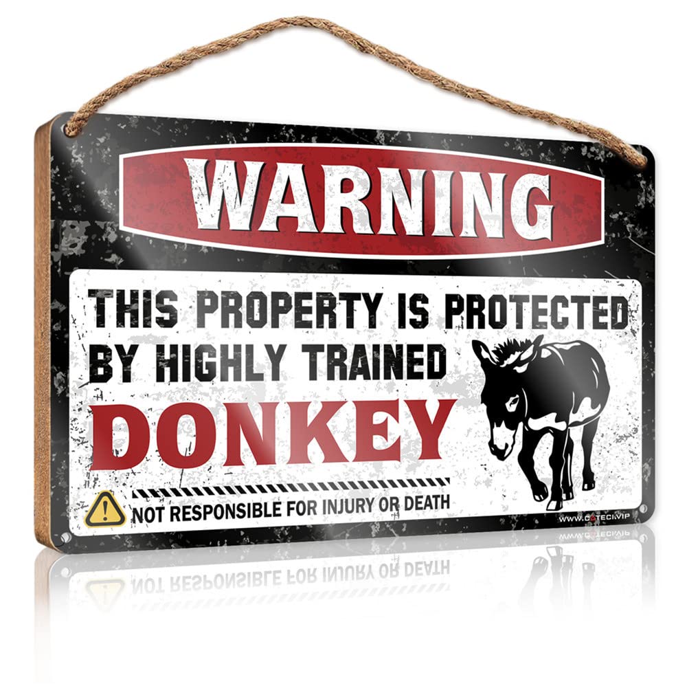 Dtha One Color Winter Sign For Front Door Warning This Property Is Protected By A Highly Trained Donkey Wooden Sign Vintage Decor Summer Decorations For Home(23X35cm)
