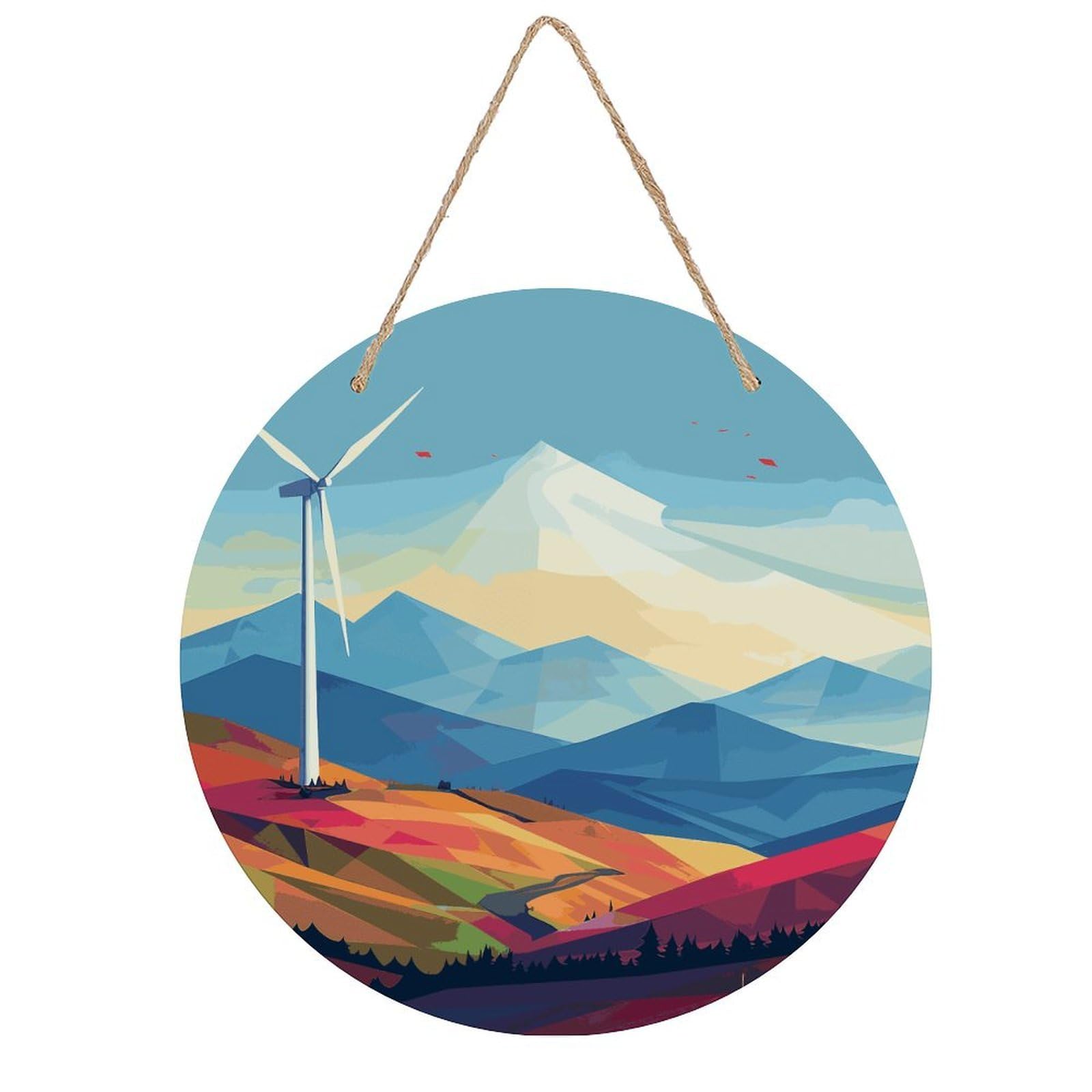 FekiLoot Round Windmill Flat Illustration Wall Art Decor Painting Wooden Hanging Sign with Ropes Bohemian Wall Hanging Retro Mid Century Modern Wall Art for Home Bedroom Living Room 7.9x7.9 in