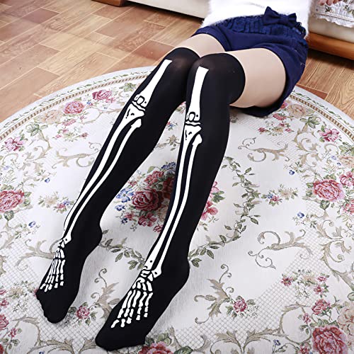Women's Tall Knee High Socks Skeleton Bone Frame Thigh High Long Over Knee Socks for Halloween Cosplay Party Festival Stocking, Black4