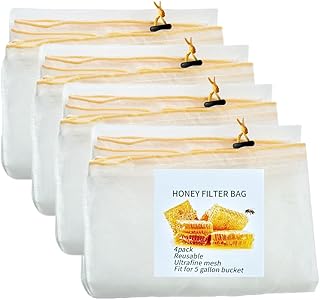 Honey Strainer, 4 Pcs Honey Filter Bag Ultra-Fine Mesh Strainer with Adjustable Drawstring, Beginner Honey Extractor Equipment in a 5 Gallon Bucket, Bee Supplies Reusable and Washable