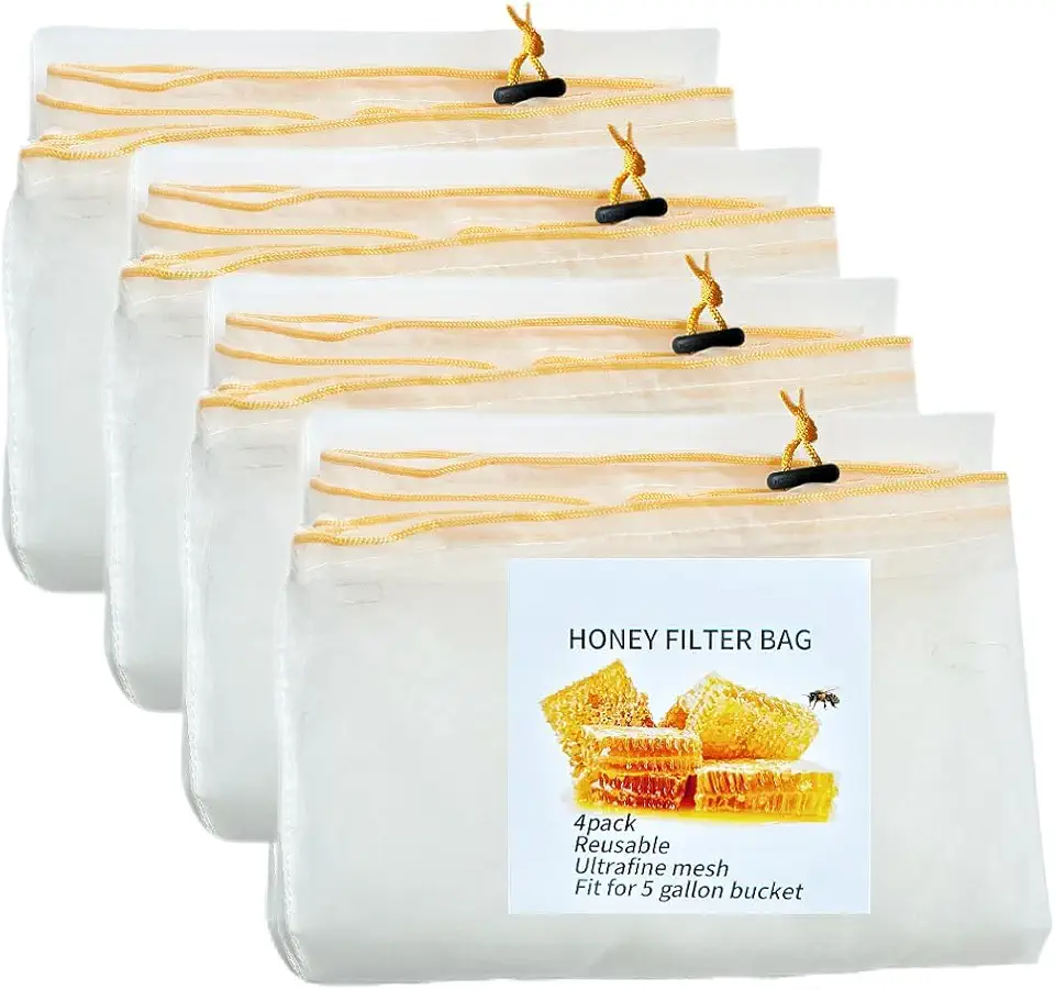 Honey Filter, 4 Pack Honey Filter Bag, Ultra Thin Mesh Filter with Adjustable Drawstring, Honey Extractor Equipment for Beginners in a 5 Gallon Bucket, Supplies for the