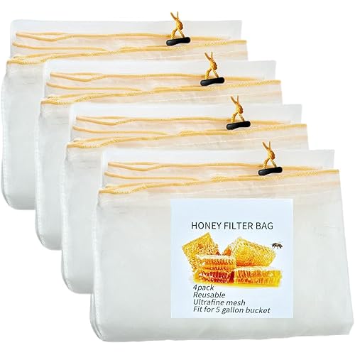 Honey Strainer, 4 Pcs Honey Filter Bag Ultra-Fine Mesh Strainer with Adjustable Drawstring, Beginner Honey Extractor Equipment in a 5 Gallon Bucket, Bee Supplies Reusable and Washable