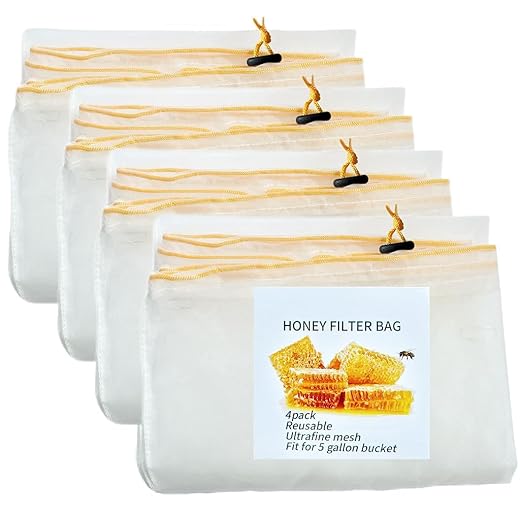 Honey Strainer, 4 Pcs Honey Filter Bag Ultra-Fine Mesh Strainer with Adjustable Drawstring, Beginner Honey Extractor Equipment in a 5 Gallon Bucket, Bee Supplies Reusable and Washable