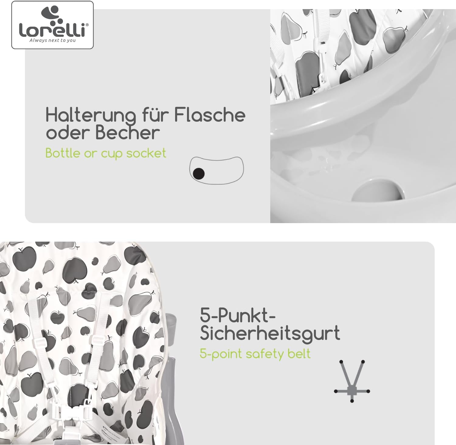 Close-up view of the Lorelli Marcel High Chair's feeding tray with its integrated cup holder and the 5-point safety belt system.