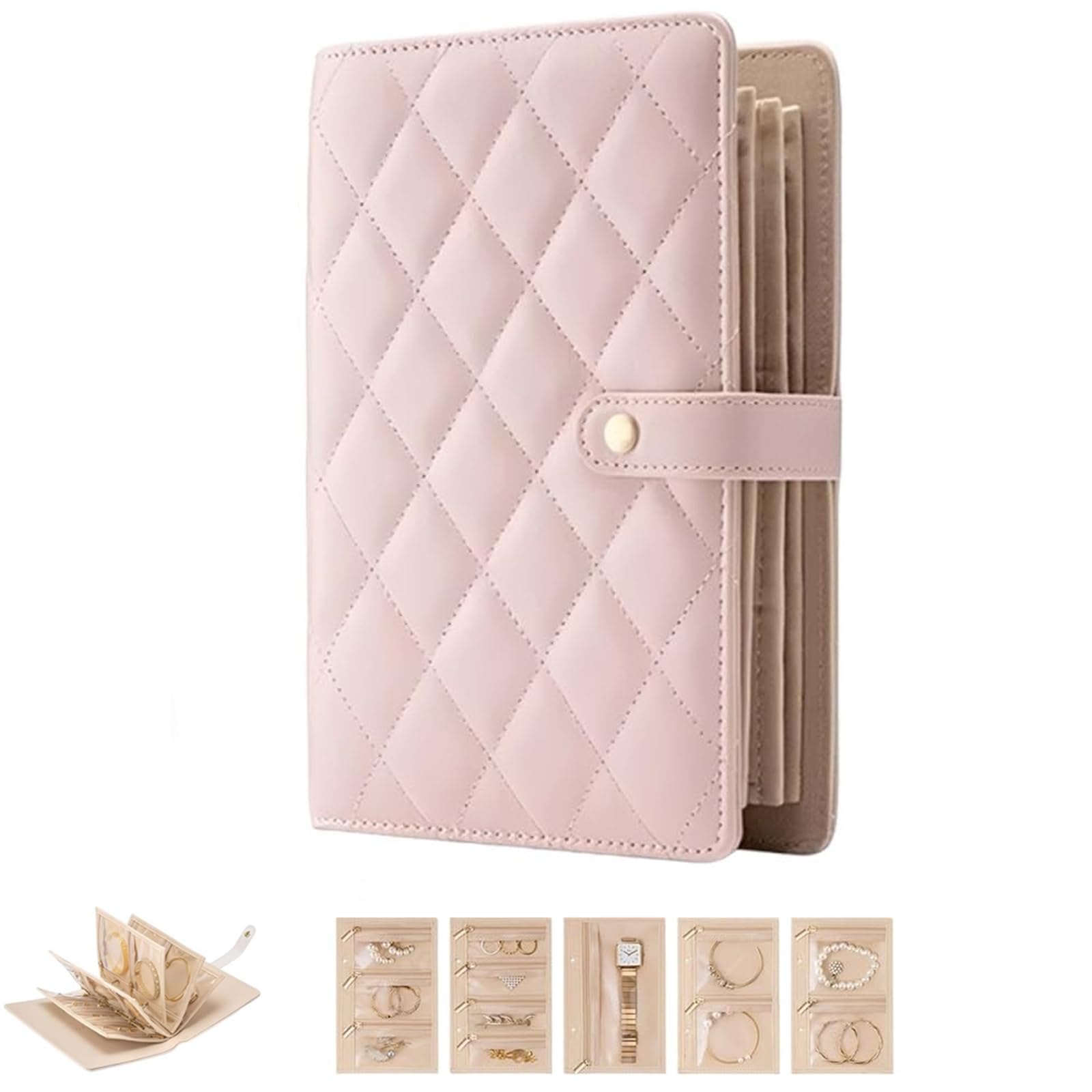 Jorcedi Women's Pink Travel Jewelry Notebook With Zipper Pu Leather Ring Binder Jewelry Storage Case With 5 Detachable Pouches Portable Holder For Rings Earrings Necklaces Bracelets (Pink)