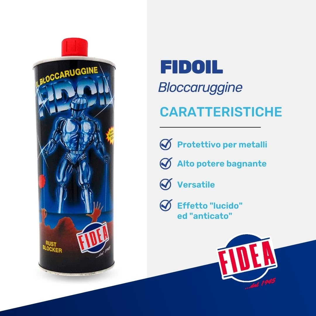 Fidea - Antiruggine Fidoil - Bloccaruggine Oleoso Protettivo per Metalli, Vernice Antiruggine Per Ferro blocca la ruggine, Smalto protettivo, blocca avanzamento ruggine - 1 litro