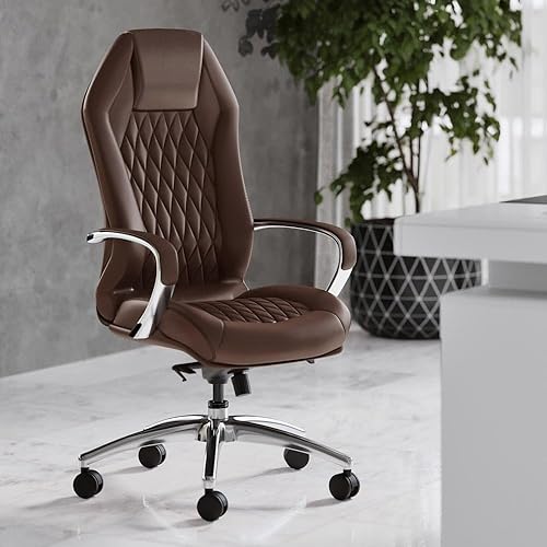Silla ejecutiva ergonómica moderna de cuero genuino con base de aluminio marrón oscuro