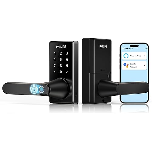 Philips Wi-Fi Smart Door Lock with Handle, Keyless Entry Door Lock for Front Door Lock Set with App Remote Control, Fingerprint Door Handle Lock, Touchscreen Keypad Lever Lock Front Door Handle