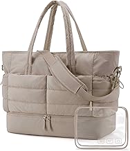 BAGSMART Puffer Travel Bag Large 38L Sports Bag for Women with Shoe Compartment, Weekender Women's Water-Repellent Hand Luggage Bag, 47 x 21 x 39 cm Soft Thick Durable Taslon, Camel, 当代