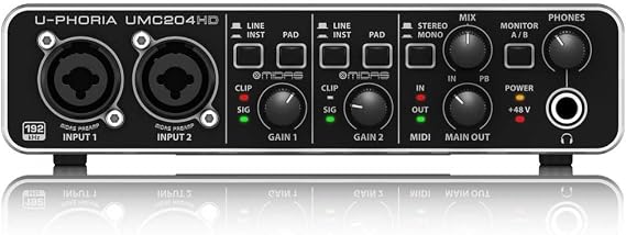 Behringer U-PHORIA UMC204 Audiophile 2x4, 24-Bit/96 kHz USB Audio/MIDI Interface with Midas Mic Preamplifiers