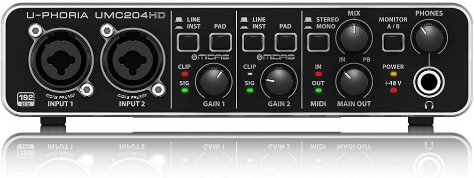 Behringer U-PHORIA UMC204 Audiophile 2x4, 24-Bit/96 kHz USB Audio/MIDI Interface with Midas Mic Preamplifiers