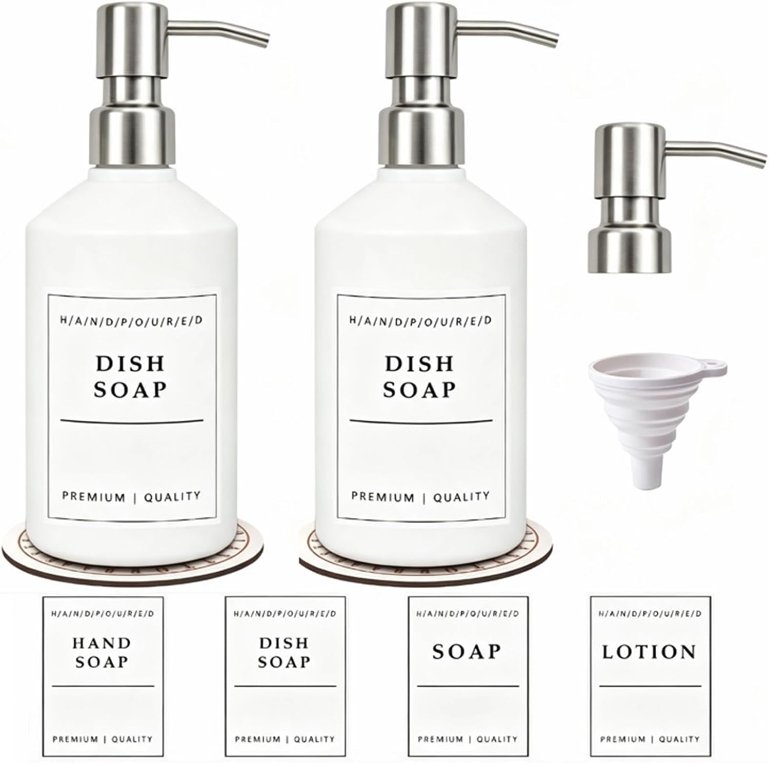 Hand and Dish Soap Dispenser with 304 Stainless Steel Pump 17oz Glass Soap Dispenser Set with Quick-Dry Diatomite Soft Mat Upgrade for Your Kitchen and Bathroom 2 Pack (White)