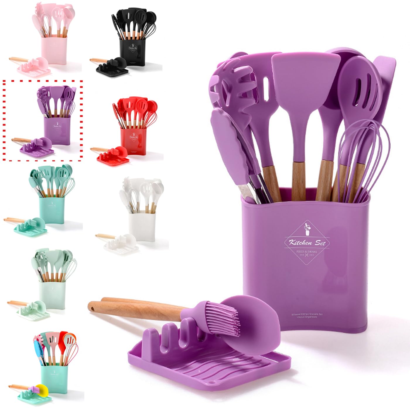 BRIIEC Purple Silicone Cooking Utensils Set, 13pcs Kitchen Tools with Wooden Handle, Rest for Utensils and Pot Lid, Non-Stick Silicone Spatula, Tongs, Whisk.